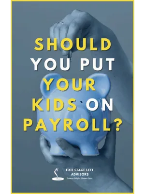Hands holding a blue piggy bank with text asking if you should put your kids on payroll.