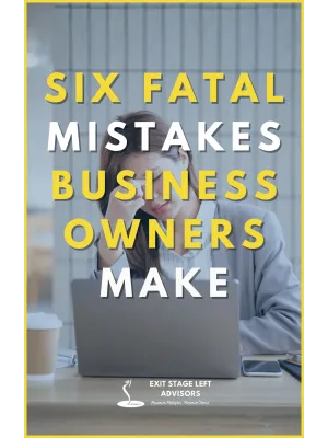 Woman stressed at laptop with text Six Fatal Mistakes Business Owners Make overlay
