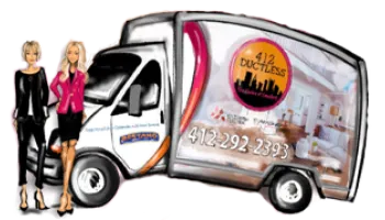 a couple of people standing next to a van with a cartoon character on it