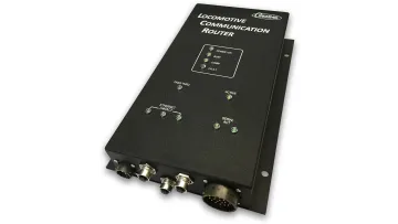Black Locomotive Communication Router device with LED indicators and multiple connector ports for network and serial communication.