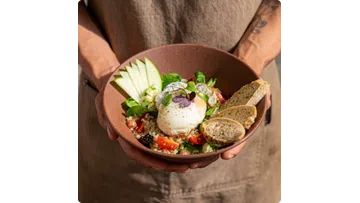 Hands holding a bowl with poached egg, sliced green apple, quinoa salad, cherry tomatoes, greens, and bread slices.