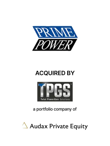 Prime Power acquired by TPGS, a portfolio company of Audax Private Equity, with logos on white background.