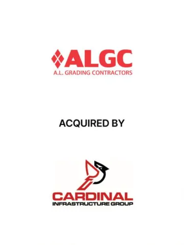ALGC A.L. Grading Contractors logo and Cardinal Infrastructure Group logo with text Acquired By between them on white background.