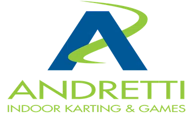 Blue and green Andretti Indoor Karting & Games logo with a stylized A and swoosh design.