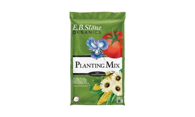 E.B. Stone Organics Planting Mix soil conditioner bag with colorful flowers, tomato, and corn illustrations