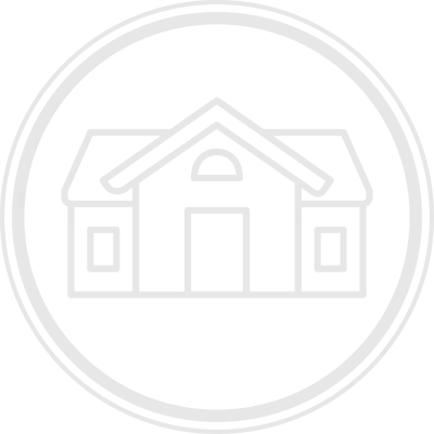 Minimalist white house icon with roof and windows inside a circular border on black background