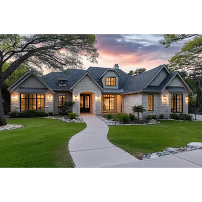 Stone house with large windows and warm lights, surrounded by green lawn and trees at sunset.