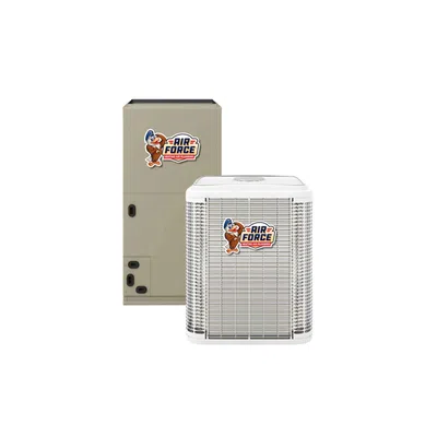 Air Force branded heating and air conditioning outdoor unit and indoor furnace system on white background