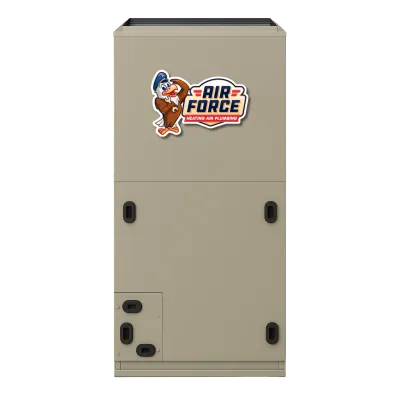 Beige Air Force branded heating and air plumbing unit with cartoon eagle logo on front panel.