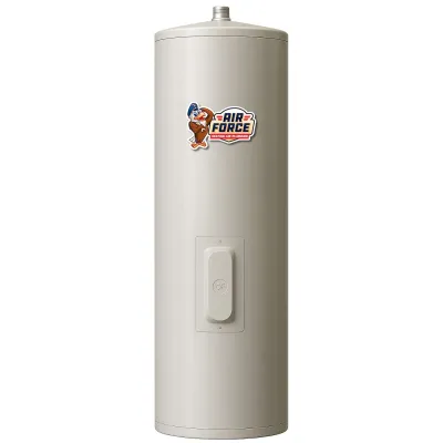 Tall beige water heater with Air Force Heating and Plumbing logo and a central on/off switch.