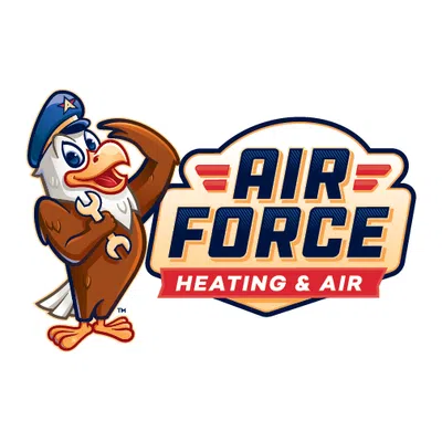 Cartoon eagle mascot saluting next to Air Force Heating & Air company logo in blue and red.