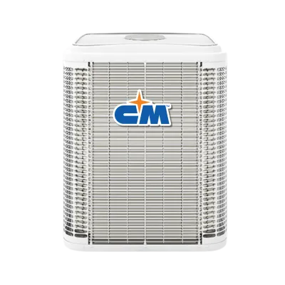 White CM brand air conditioner unit with protective grille and central logo on front.