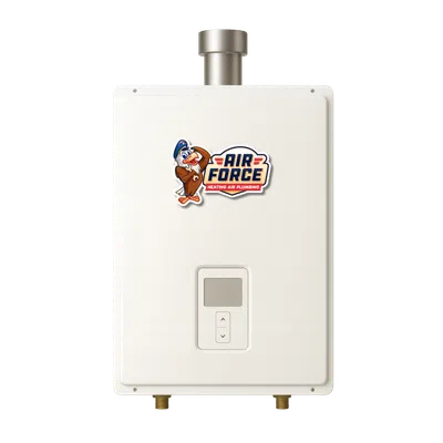 White tankless water heater with Air Force Heating Air Plumbing logo and digital control panel