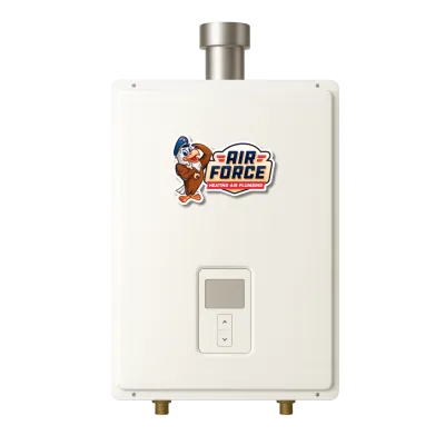White tankless water heater with Air Force Heating Air Plumbing logo and digital control panel.