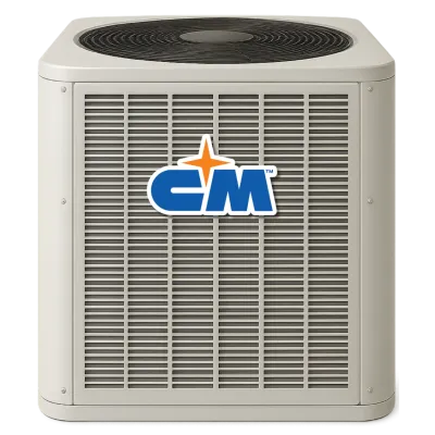 Outdoor air conditioning unit with CM logo, featuring metal vents and top-mounted fan for cooling.