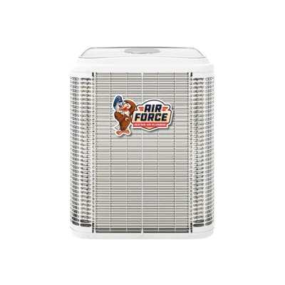 White air conditioning unit with an Air Force heating air plumbing logo featuring a cartoon bird mascot.