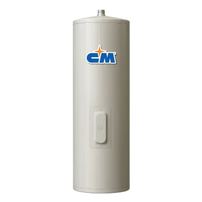 Tall beige water heater with a CM brand logo on a black background, featuring a control panel on its body