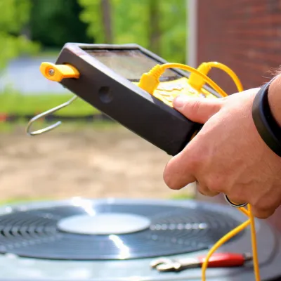 Technician using diagnostic device to check outdoor air conditioning unit with yellow cables connected outdoors.