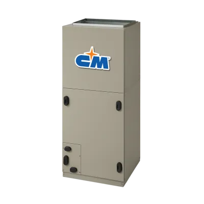 Beige CM brand commercial HVAC unit with panel doors and black fittings isolated on white background.