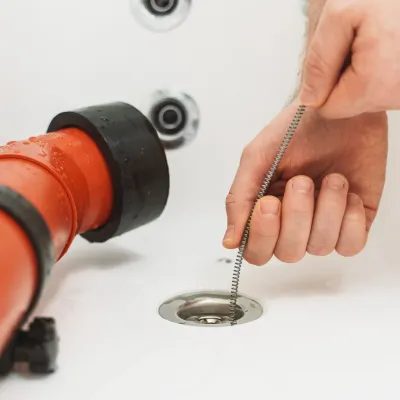 Hand using a drain snake to clear a clogged sink drain next to an orange plumbing pipe.