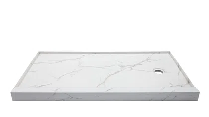 Rectangular white marble shower tray with subtle gray veining and a side drain hole on white background.