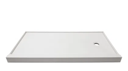 White rectangular shower base with raised edges and a circular drain hole on one side.