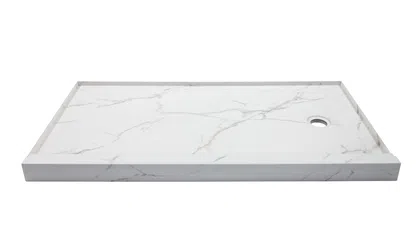 Rectangular white marble shower tray with subtle gray veining and a side drain hole on white background.