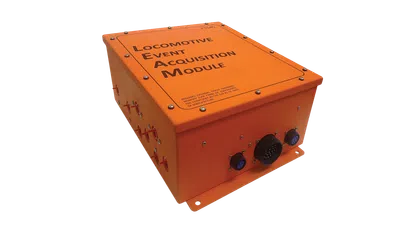Orange Locomotive Event Acquisition Module with multiple connectors and metal screws on a rectangular box.