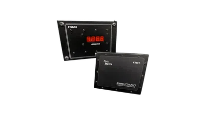 Two black electronic fuel meter devices with digital display showing gallons and model numbers F3661 and F3662.