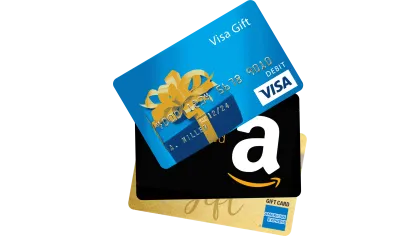 Stack of Visa, Amazon, and American Express gift cards fanned out on a white background.