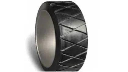 Black rubber tire with diagonal tread pattern on white background.