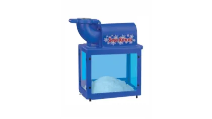 Blue Sno-Kones machine with windowed base filled with shaved ice for making snow cones.