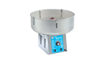 Stainless steel commercial cotton candy machine with control panel and large spinning bowl