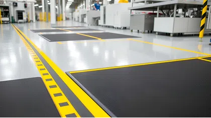 Black anti-fatigue mats with yellow borders arranged on a clean industrial factory floor with safety marked lines.