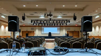 Conference room setup with rows of chairs, stage, large screen, speakers, and audio equipment on table.