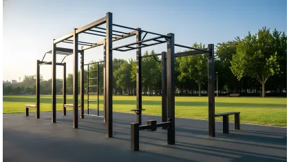 Outdoor black metal fitness structure in park with monkey bars, benches, and green trees under clear sky.