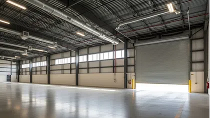 Spacious empty industrial warehouse with polished concrete floors and large roll-up door letting in natural light