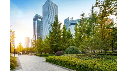 Modern cityscape with tall glass buildings and lush green trees alongside a paved walkway at sunset.