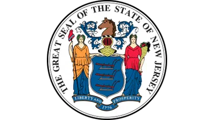 The Great Seal of New Jersey featuring two women, a horse head, shield with plows, and 1776 banner.