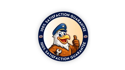 Cartoon eagle mechanic with blue cap giving thumbs up holding wrench in 100% satisfaction guarantee badge.