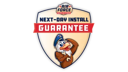 Air Force Heating Air Plumbing shield logo featuring an eagle holding a wrench with next-day install guarantee text.