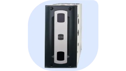 Front view of a black and white modern electronic device with sensors and vents on a light blue background