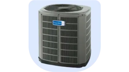 Gray outdoor air conditioning unit with top fan and vertical grille design on light blue background