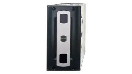 Modern black and silver home theater subwoofer speaker with multiple speaker cones on the side.