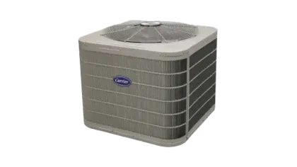 Gray Carrier outdoor air conditioning unit with metal grill and top fan for home cooling