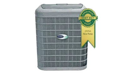 Carrier 25VNA heat pump with Consumers Digest Best Buy award badge on gray metal unit.