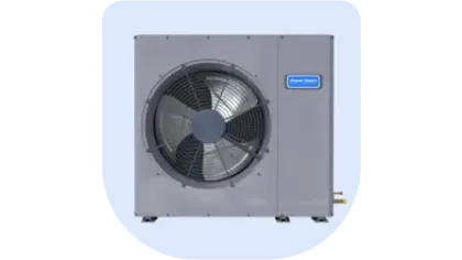 Outdoor air conditioning unit with large fan and gray metal casing against a light background