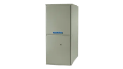 Tall gray vertical electronic device or industrial equipment with a blue label on a plain background