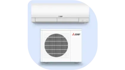 White Mitsubishi electric air conditioner indoor and outdoor units on light blue background.