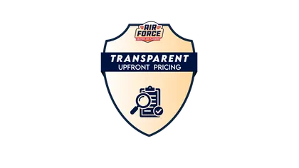 Shield emblem with Air Force Heating-Air Plumbing logo and transparent upfront pricing text with clipboard icon.